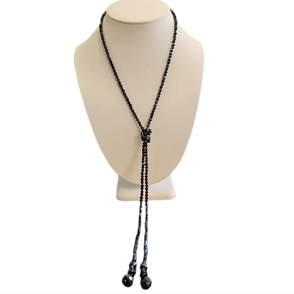 60's Navy Glass Long Necklace Tassel Acrylic Beads Vintage